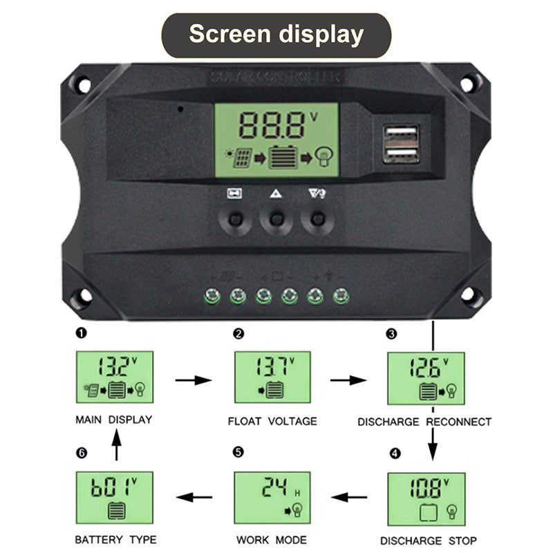 MPPT Solar Charge Controller, Display settings for 12V/24V solar panels, including battery type, voltage, and reconnect options.