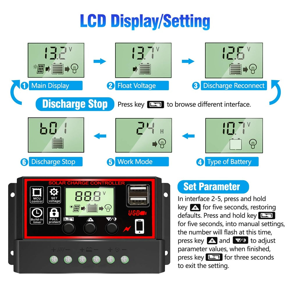 mppt solar charge controller, Adjust device settings by pressing +/-. Hold for 5 seconds to reset, or +/- to customize.