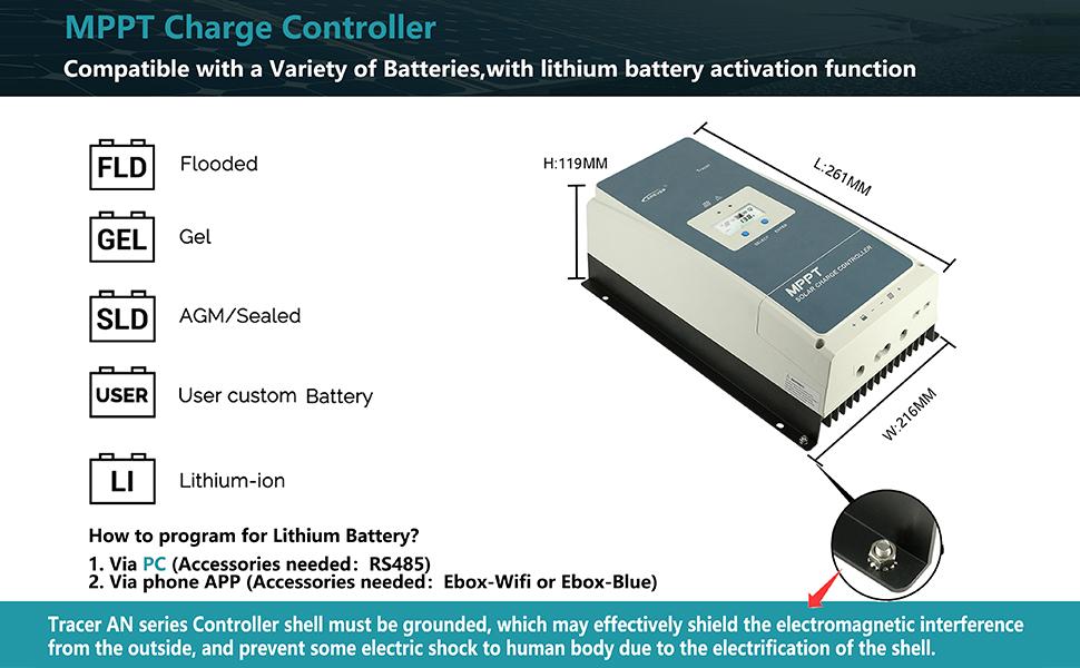 Tracer10415AN, Tracer10415 solar charge controller for lithium-ion batteries; activate via PC or app, ensure proper grounding.