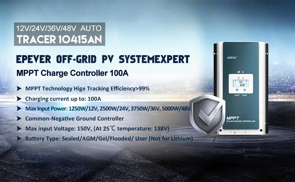 EPEVER Tracer10415AN MPPT Solar Charge Controller: 100A max charging current, 99% efficiency, up to 3750W input power.