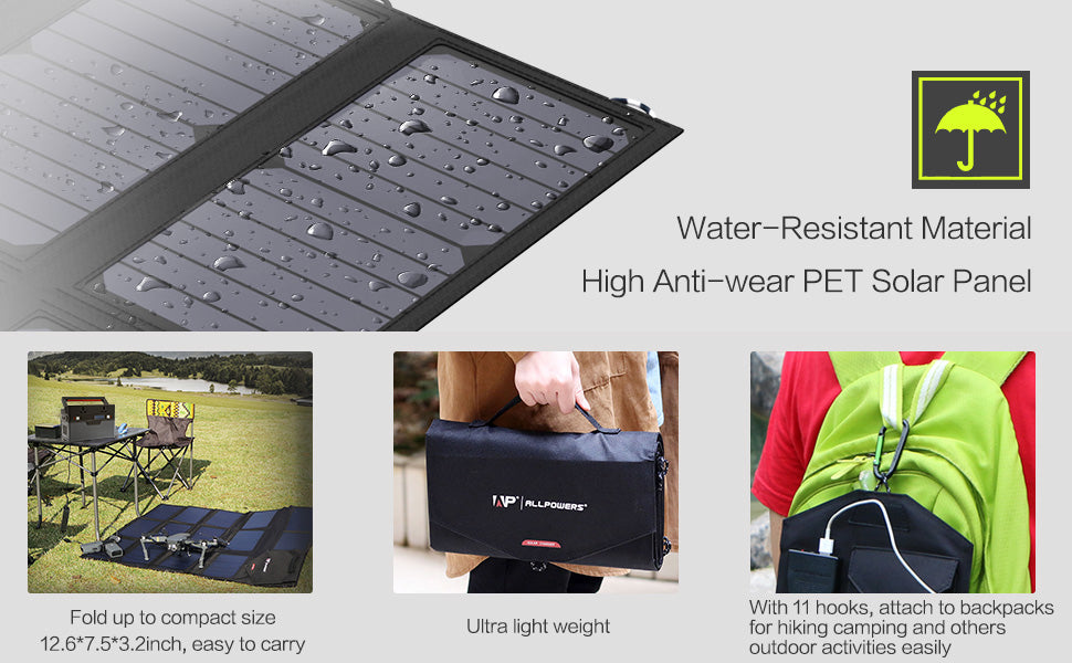 ALLPOWERS 100W 18V 12V Portable Solar Panel, Compact water-resistant solar panel with 11 hooks, perfect for backpacking and outdoor adventures.