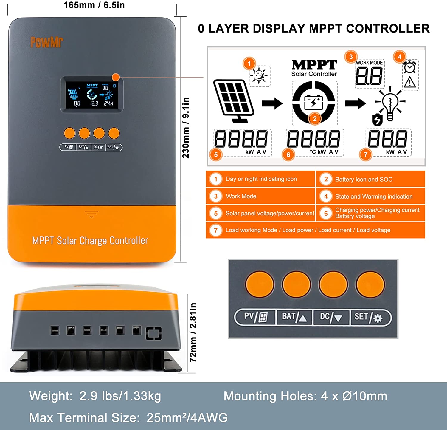 POW-M60-PRO, PowMr M60-PRO solar charge controller with display showing voltage, power, current, and battery state.