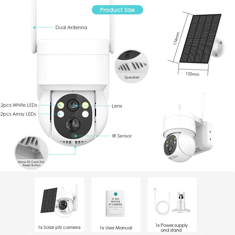 WiFi PTZ Camera, Outdoor WiFi camera with solar power, 4MP HD video, battery backup, and app control.