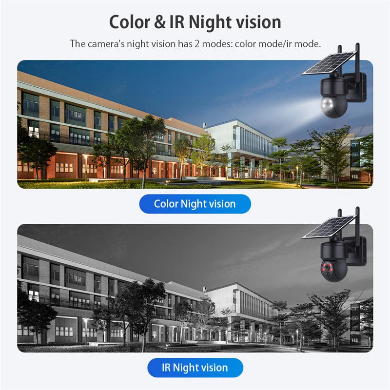 WIFI Wireless PTZ Solar Camera, Clear nighttime visibility through color and infrared modes.