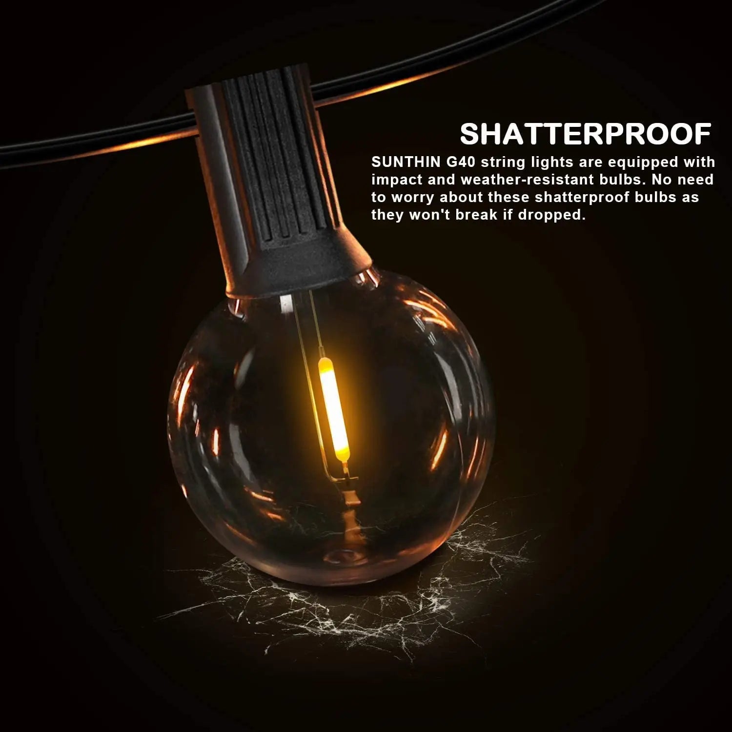 LED G40 Globe String Light, Durable Shatterproof LED Bulbs: Weather-Proof and Drop-Resistant for Long-Lasting Use.