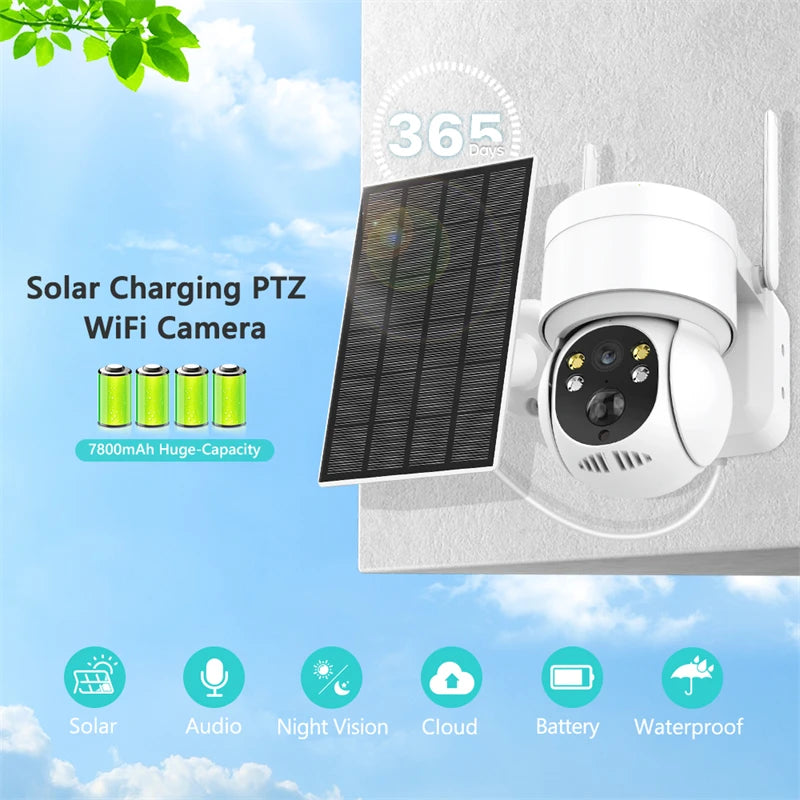 WiFi PTZ Camera, Reliable solar-powered outdoor surveillance camera with long-lasting battery, night vision, and cloud storage.