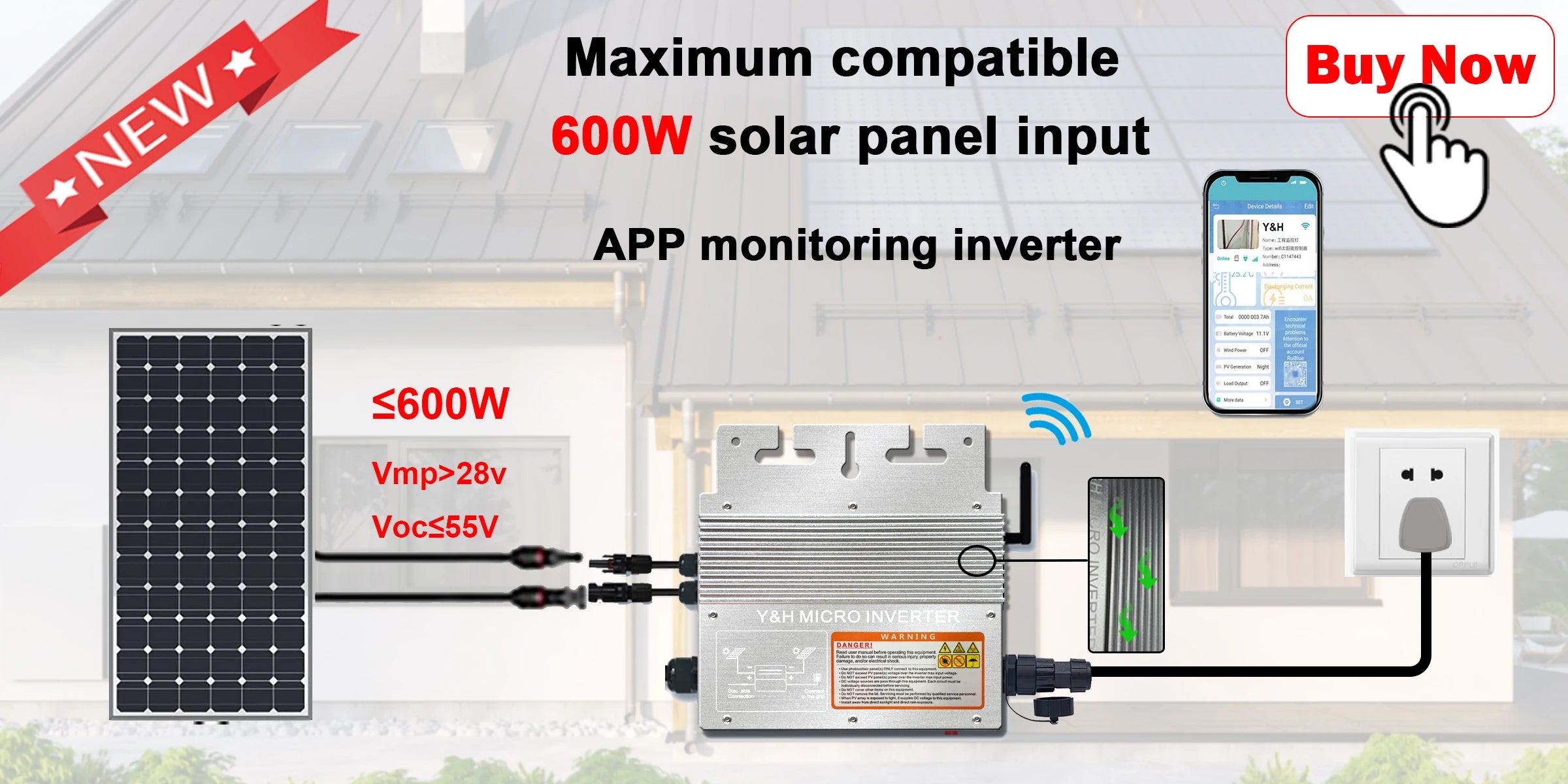 Grid-tie micro inverter with 600W input power, compatible with solar panels and featuring monitoring and alert features.