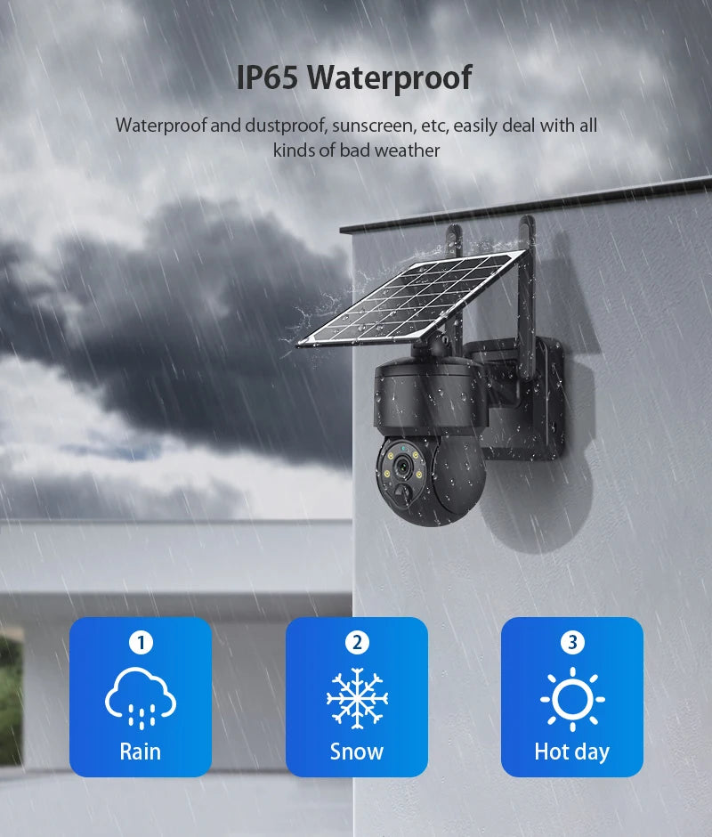 WIFI Wireless PTZ Solar Camera, Waterproof design protects from rain, snow, and extreme temps with IP65 rating.