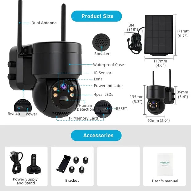 4MP PTZ Solar Camera, Outdoor PTZ camera with solar power, WiFi, and waterproof design for surveillance.