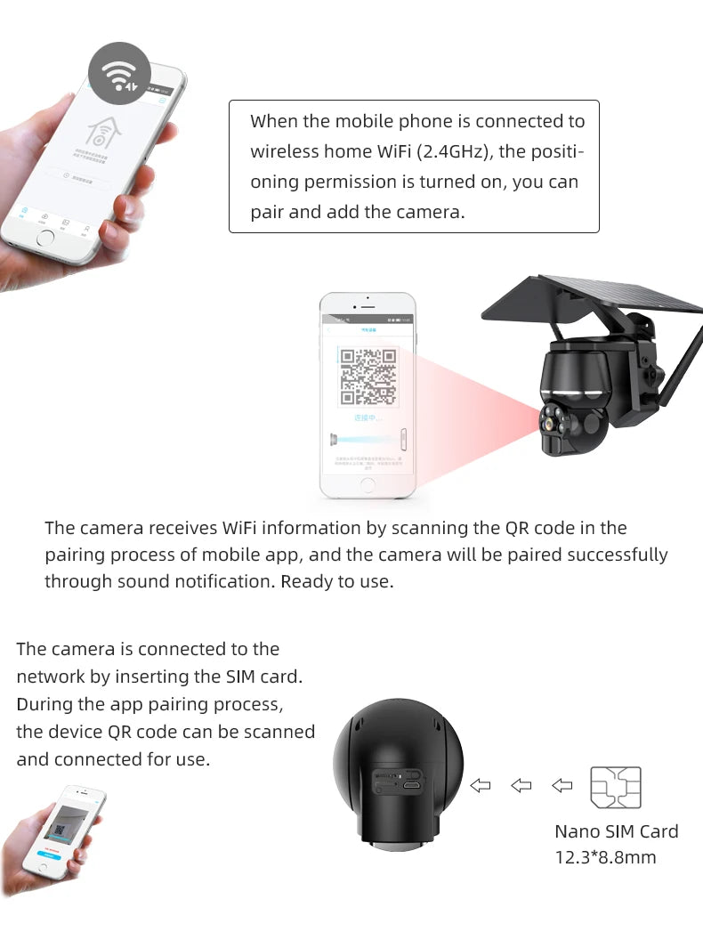 5MP HD 4G/WIFI Solar Camera, Pair mobile phone with Wi-Fi or insert SIM card for camera connectivity and receive sound notifications.