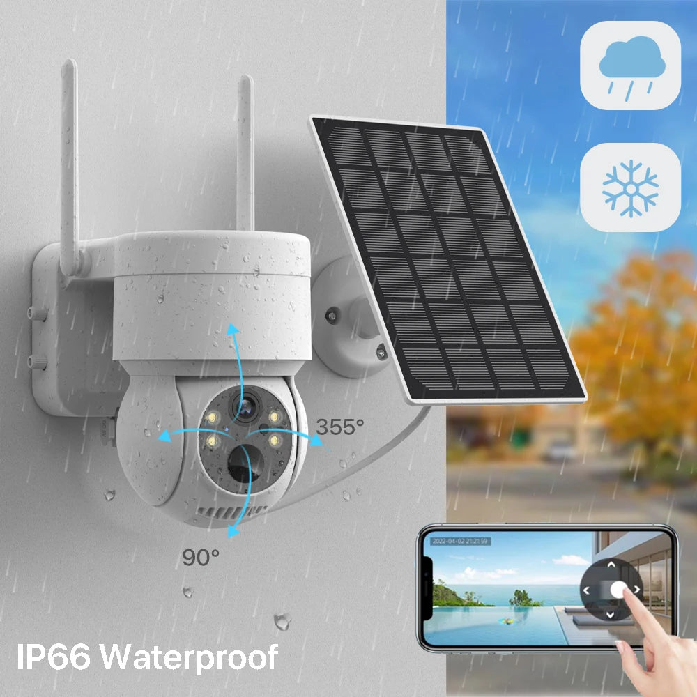 Wifi Outdoor Solar Wireless Network Camera, Durable, waterproof design with IP66 rating for outdoor use.