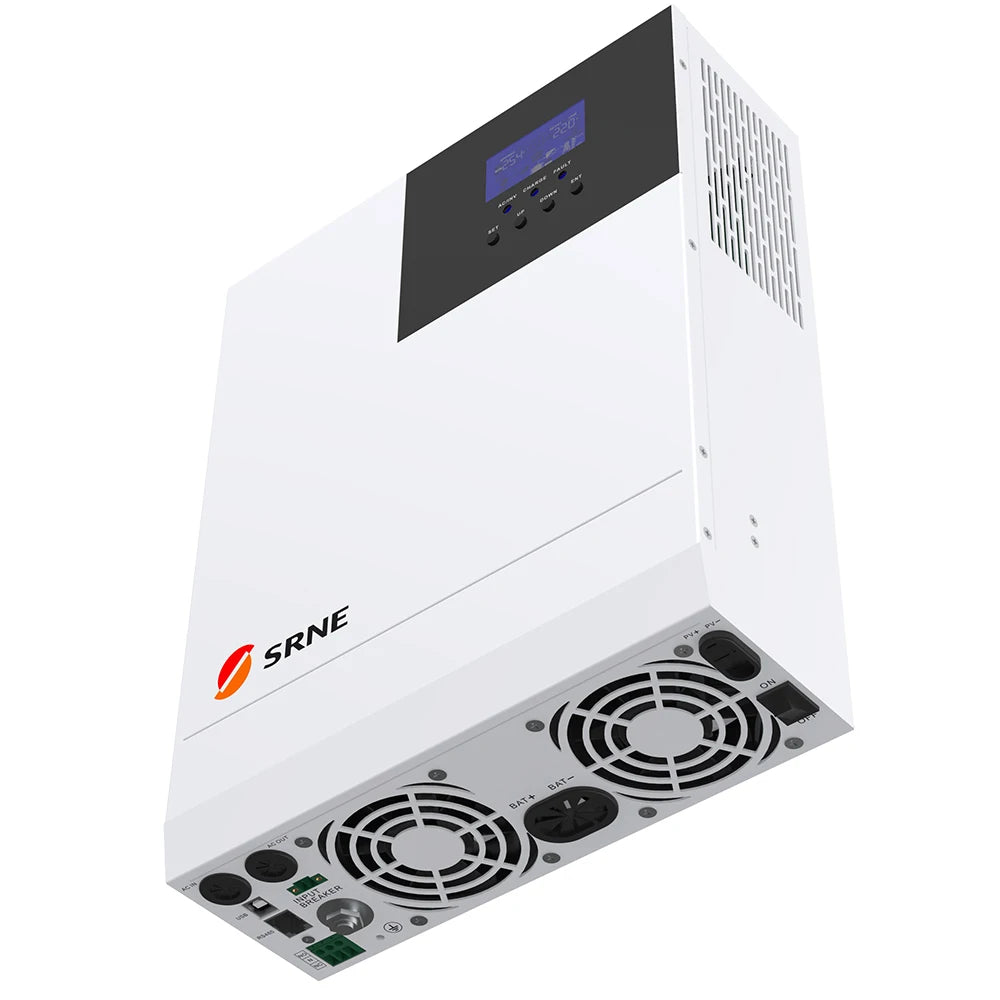 SRNE 3300W Hybrid Solar Inverter, Segment LCD display shows real-time system data and status.