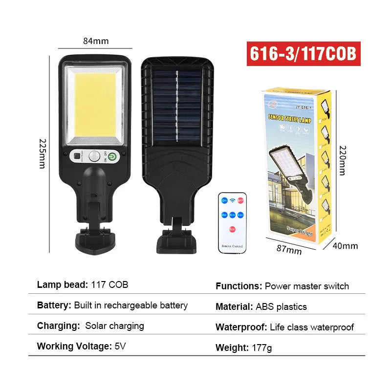 Hot Sale Solar Street Light, Motion-sensing solar-powered street light with 3 modes, rechargeable battery, and water-resistant design.