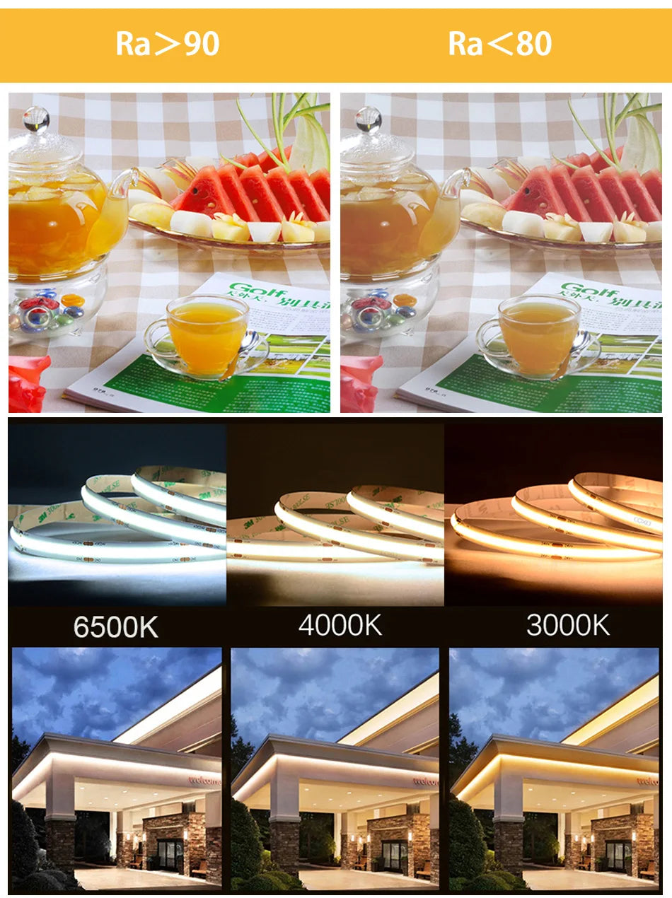 UL Listed COB LED Strip Light, Color temperature options: Warm White (3000K), Nature White (4000K), and Cool White (6500K)