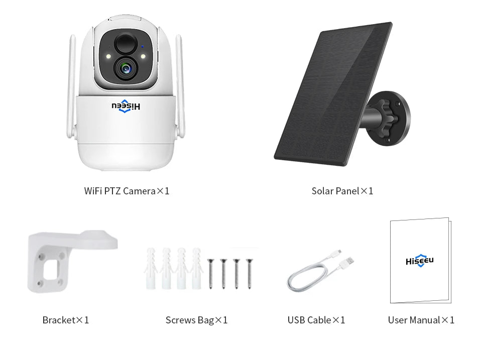 Outdoor security kit with camera, solar panel, and accessories for easy installation.