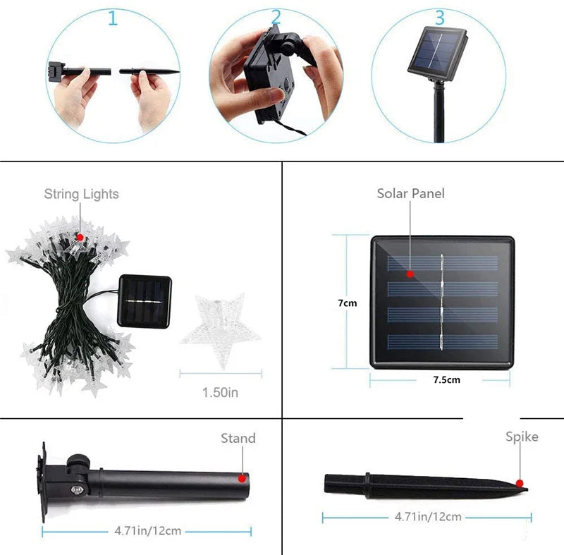 Outdoor Solar String Light, String lights feature solar-powered panel, 7cm stand spike and waterproof design for outdoor use.