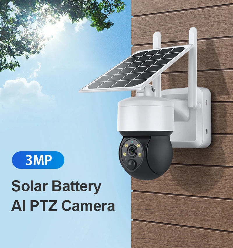 WIFI Wireless PTZ Solar Camera, High-definition, solar-powered PTZ camera with 3MP resolution and AI-enhanced features.