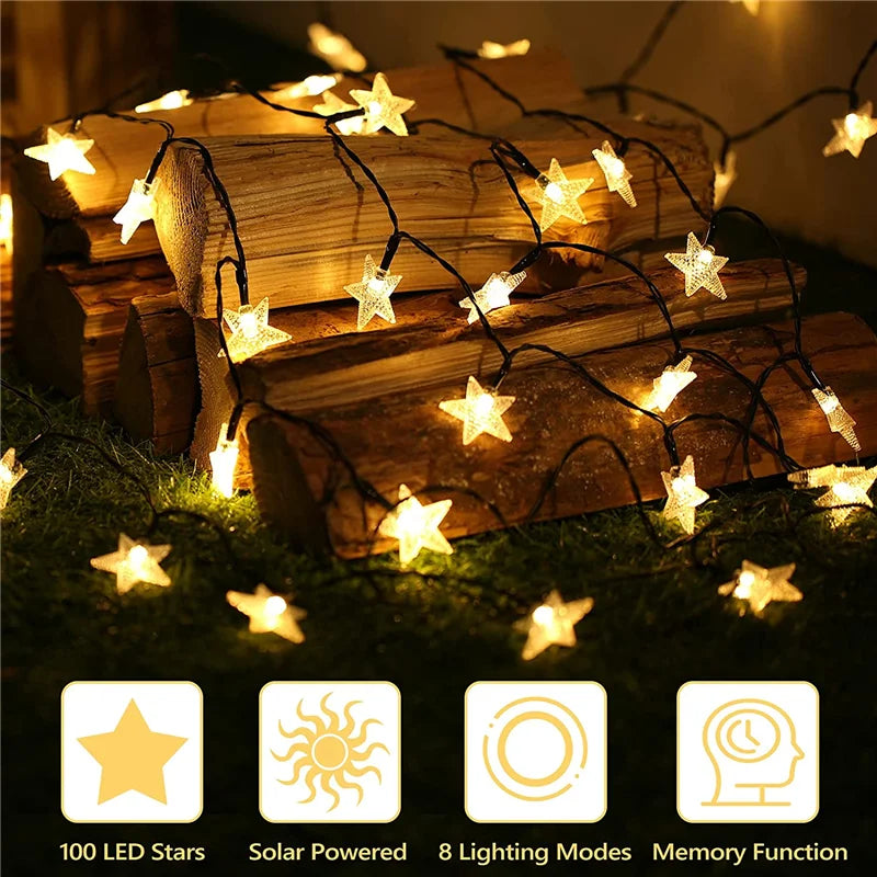 Outdoor Solar String Light, 60 LED lights with 8 modes and memory function powered by solar energy for outdoor use.