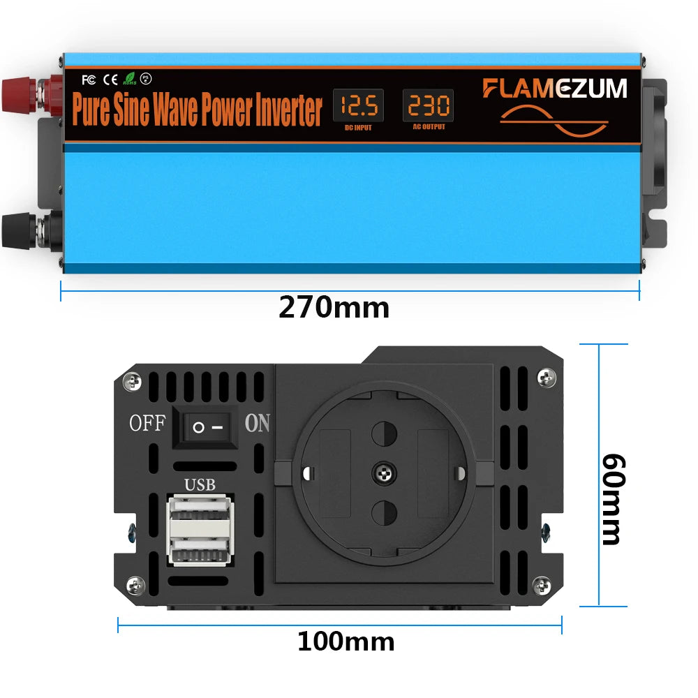 Solar inverter for pure sine wave power conversion with LED display and features.