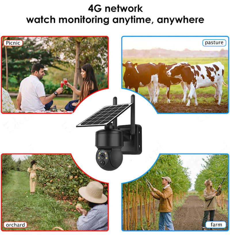 WIFI Wireless PTZ Solar Camera, Remote monitoring camera for farms and pastures with 4G connectivity.