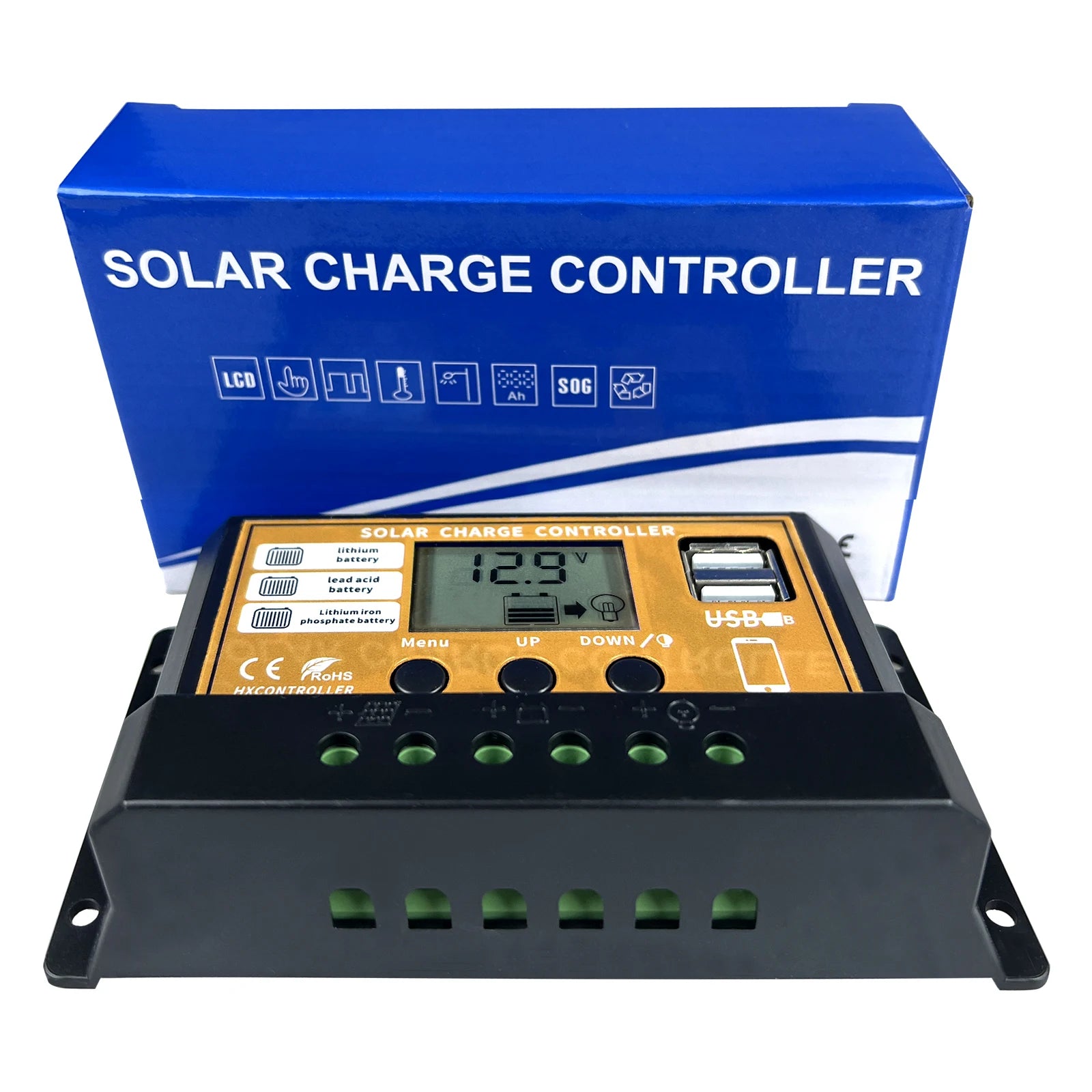 MPPT 720W 480W 360W 240W Solar Charge Controller, Smart solar charge controller with LCD display, compatible with various battery types and featuring adjustable settings.