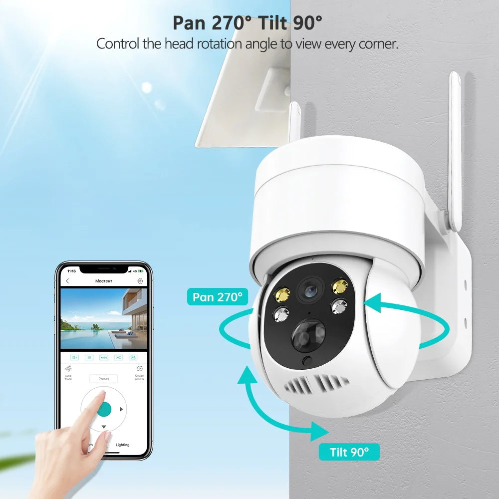 Wifi Outdoor Solar Wireless Network Camera, Adjust camera for all-around views with 270° pivot and 90° tilt.