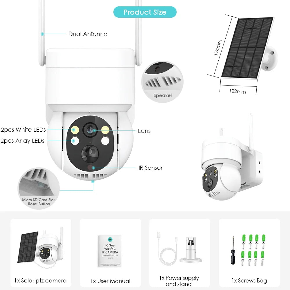 Wifi Outdoor Solar Wireless Network Camera, Wireless outdoor camera with solar power, 4MP HD video, built-in battery, and long standby time.