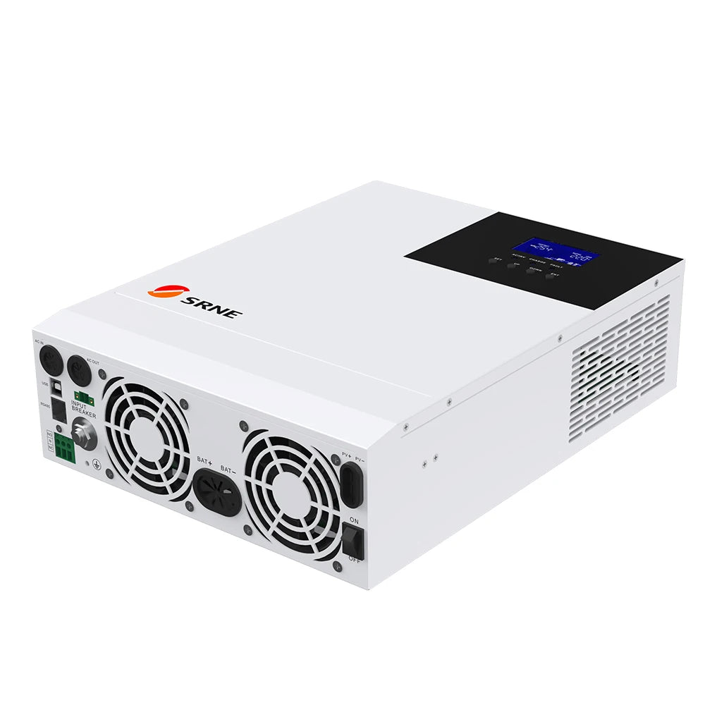 SRNE 3300W Hybrid Solar Inverter, Uninterrupted power supply with two output modes: mains bypass and inverter output.