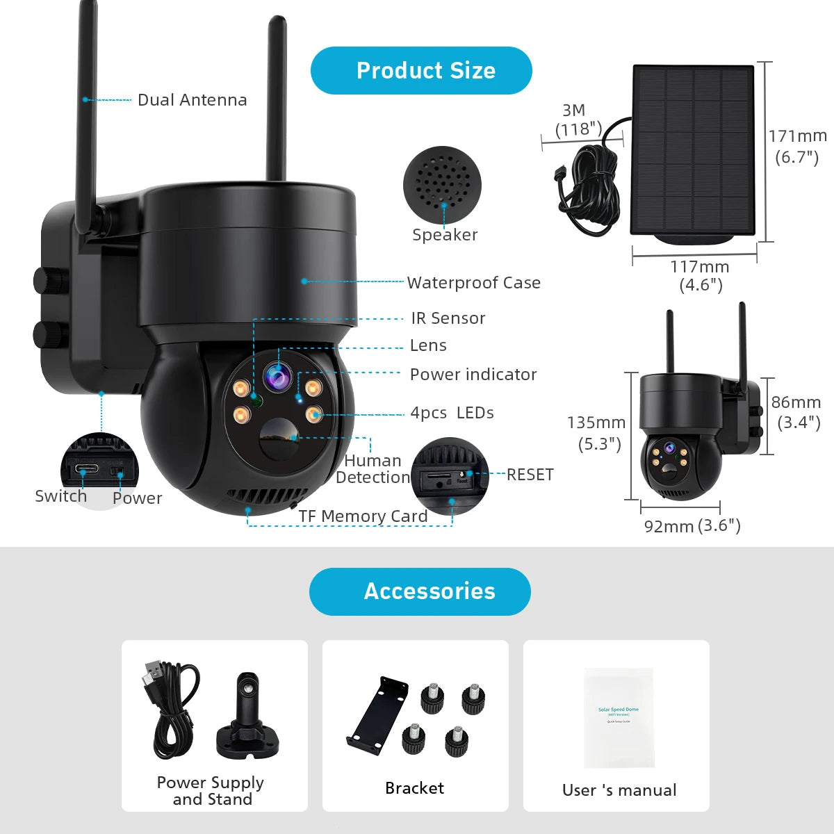 WiFi PTZ Camera, Product specifications include dual antennas, 4MP HD resolution, waterproof case (4.6