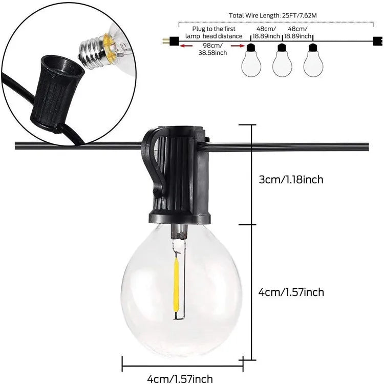 LED G40 Globe String Light, 25FT wire length, 38.58in plug to lamp head distance, and 1.18in lamp head spacing.