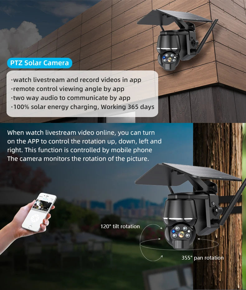 5MP HD 4G/WIFI Solar Camera, Solar-powered PTZ camera for outdoor monitoring with live streaming, recording, and remote control features.