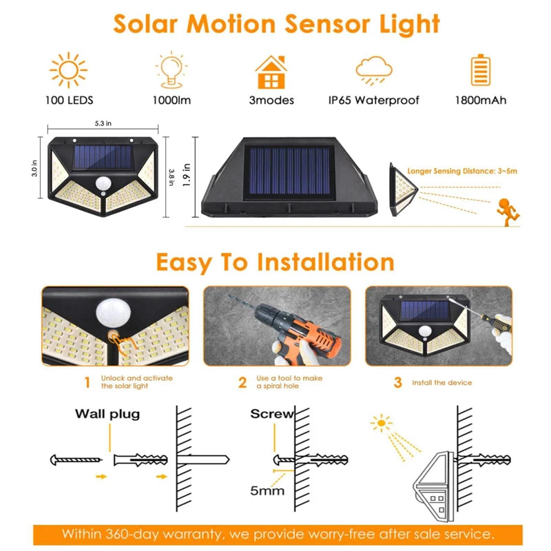 Newest Solar Light, New solar lights with 100 LEDs, motion sensor, and three modes for outdoor use.