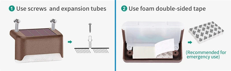 Solar Deck Light, Securely attach mount to surface using screws or adhesive, ensuring waterproof installation.