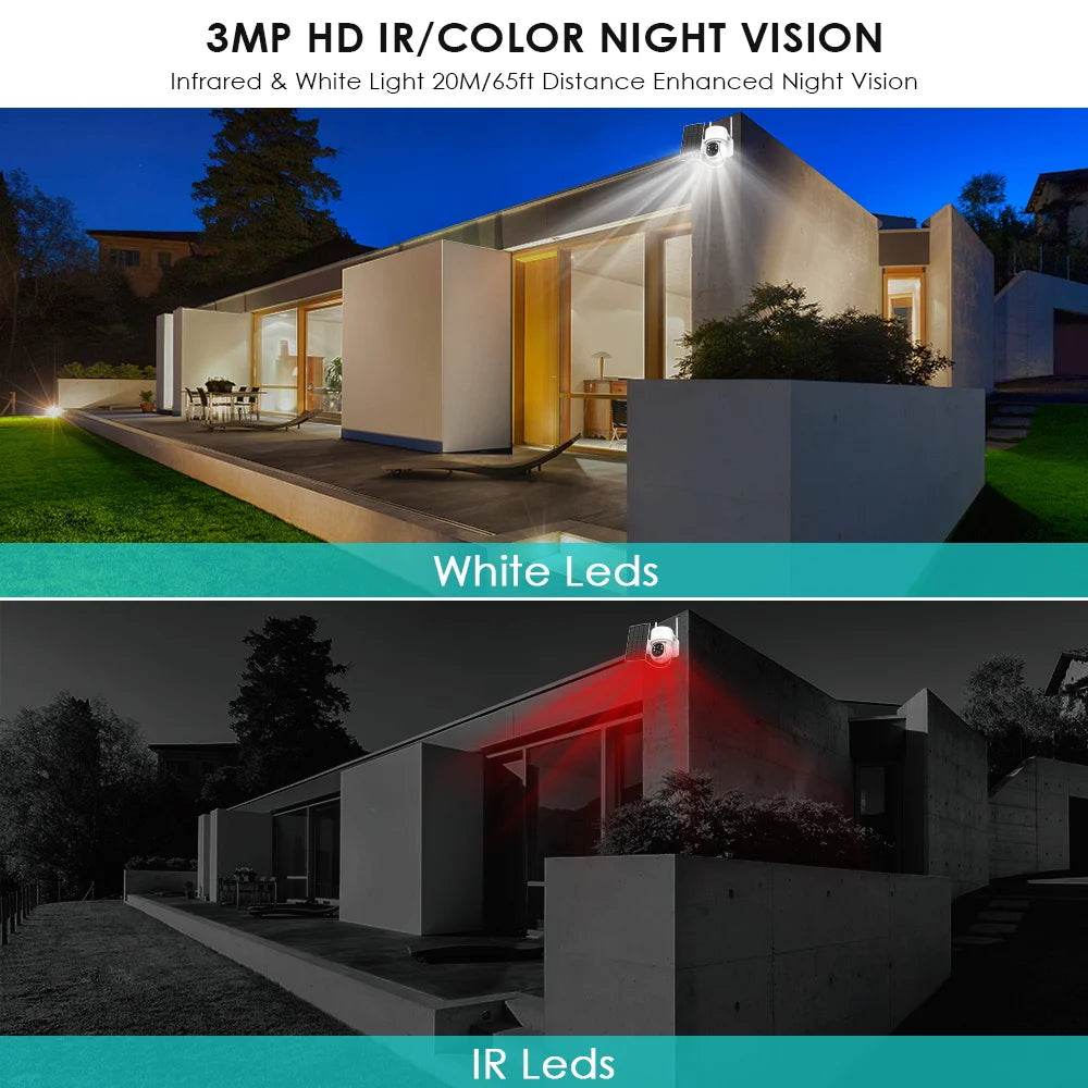 Wifi Outdoor Solar Wireless Network Camera, Advanced night vision for up to 200m/65ft, using IR and white light in dark environments.