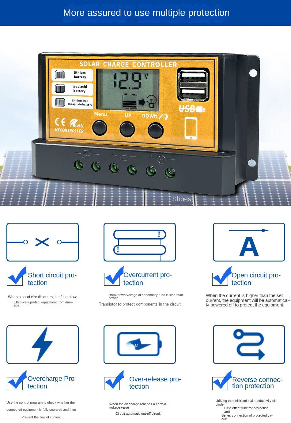 MPPT 720W 480W 360W 240W Solar Charge Controller, Multiprotect MPPT solar charge controller with short circuit, overcurrent, and other protections for safe charging.