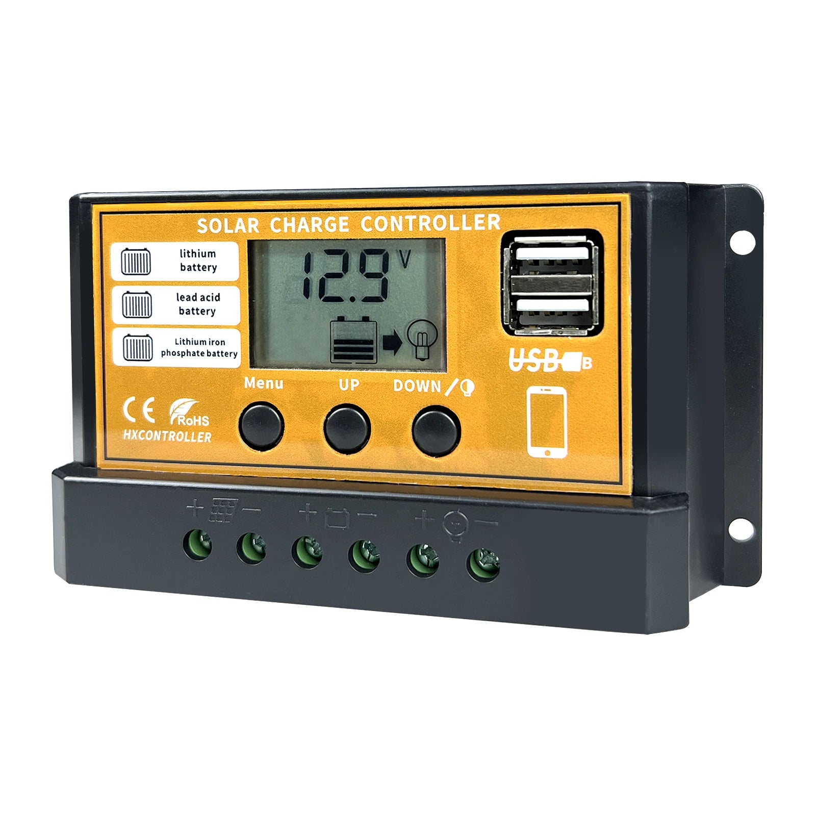 MPPT 720W 480W 360W 240W Solar Charge Controller, Multi-battery charger controller with USB port, menu options, and overcharge protection, compliant with EU RoHS standards.