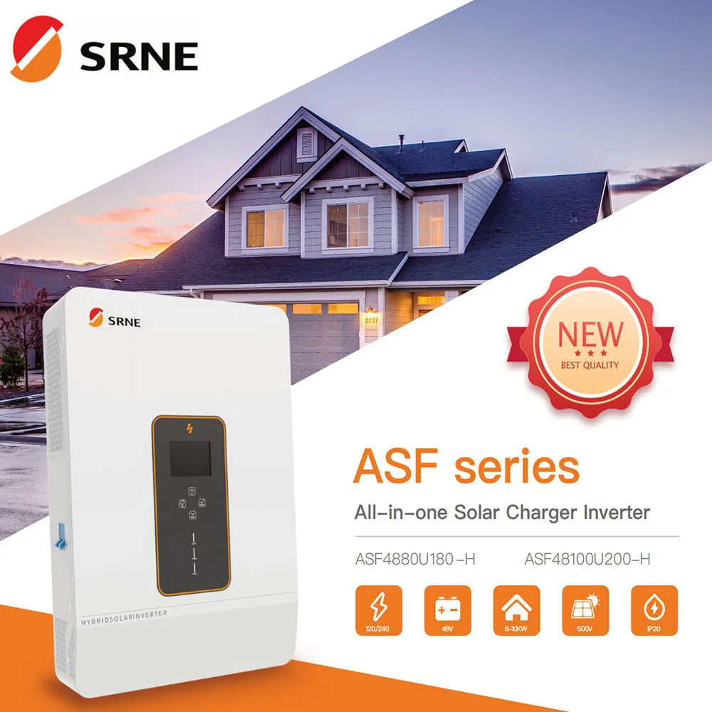 SRNE's solar charger inverter for 120/200V output, 8-10kW power and split-phase/single-phase systems.