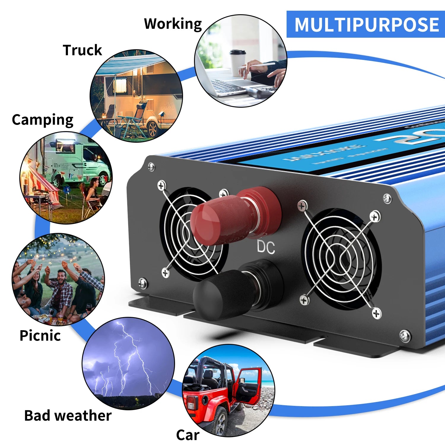 Solar inverter with pure sine wave output, suitable for 12V, 24V, and 220V systems.