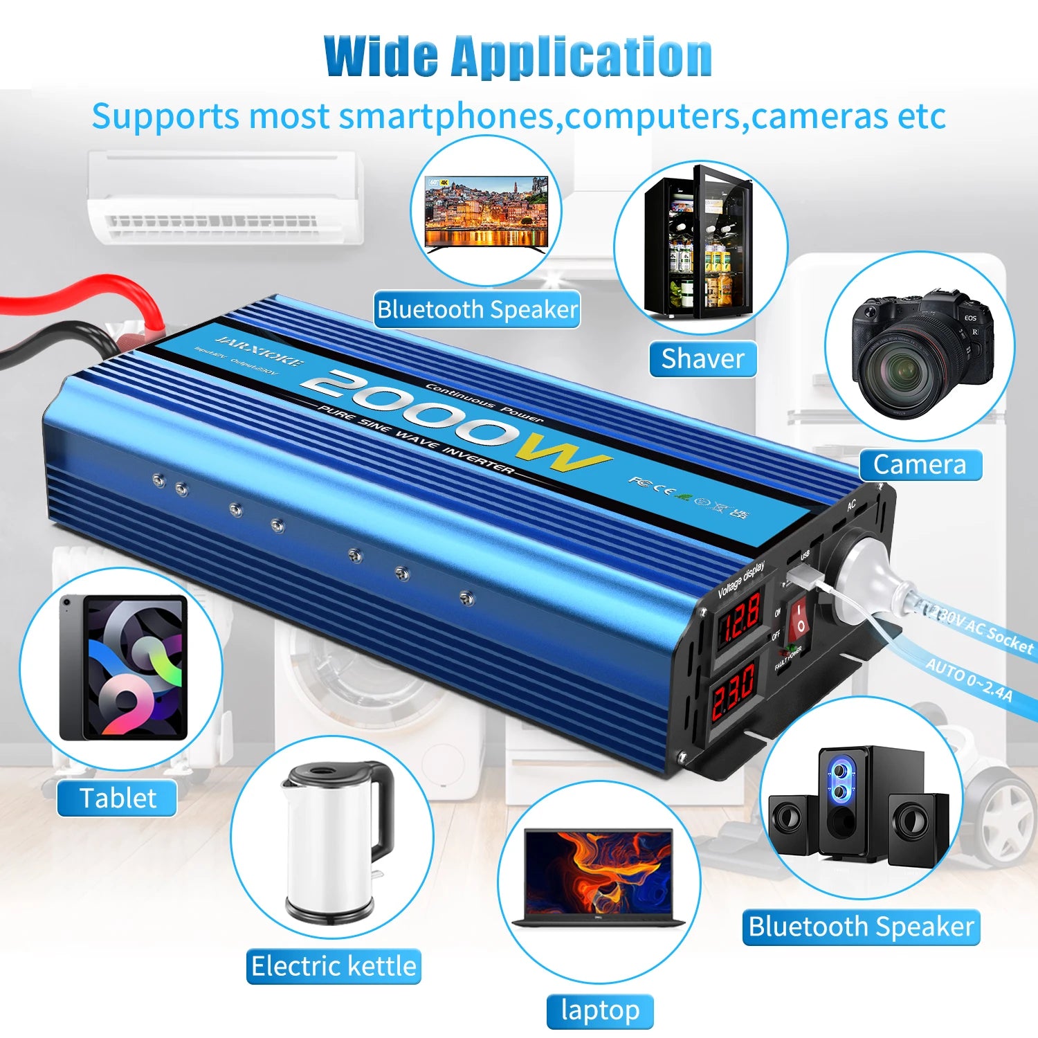 Universal power inverter for various devices, including phones, computers, and appliances.