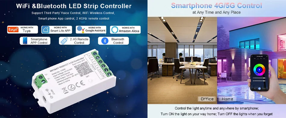 UL Listed COB LED Strip Light, Control LED strip with smartphone via WiFi, Bluetooth, or voice control, scheduling and automation options available.