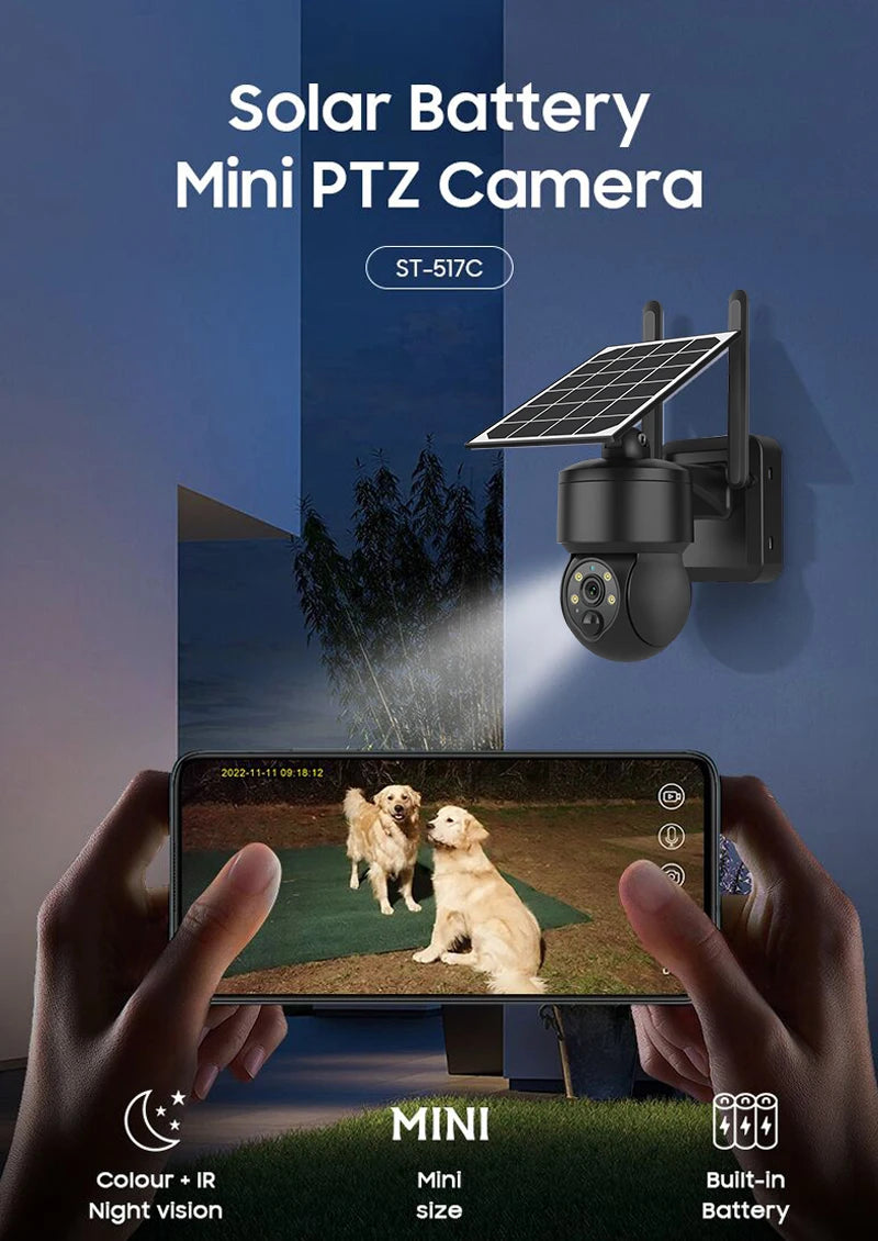 WIFI Wireless PTZ Solar Camera, Wireless solar-powered camera with PTZ, audio, and 4G connectivity for outdoor security protection.