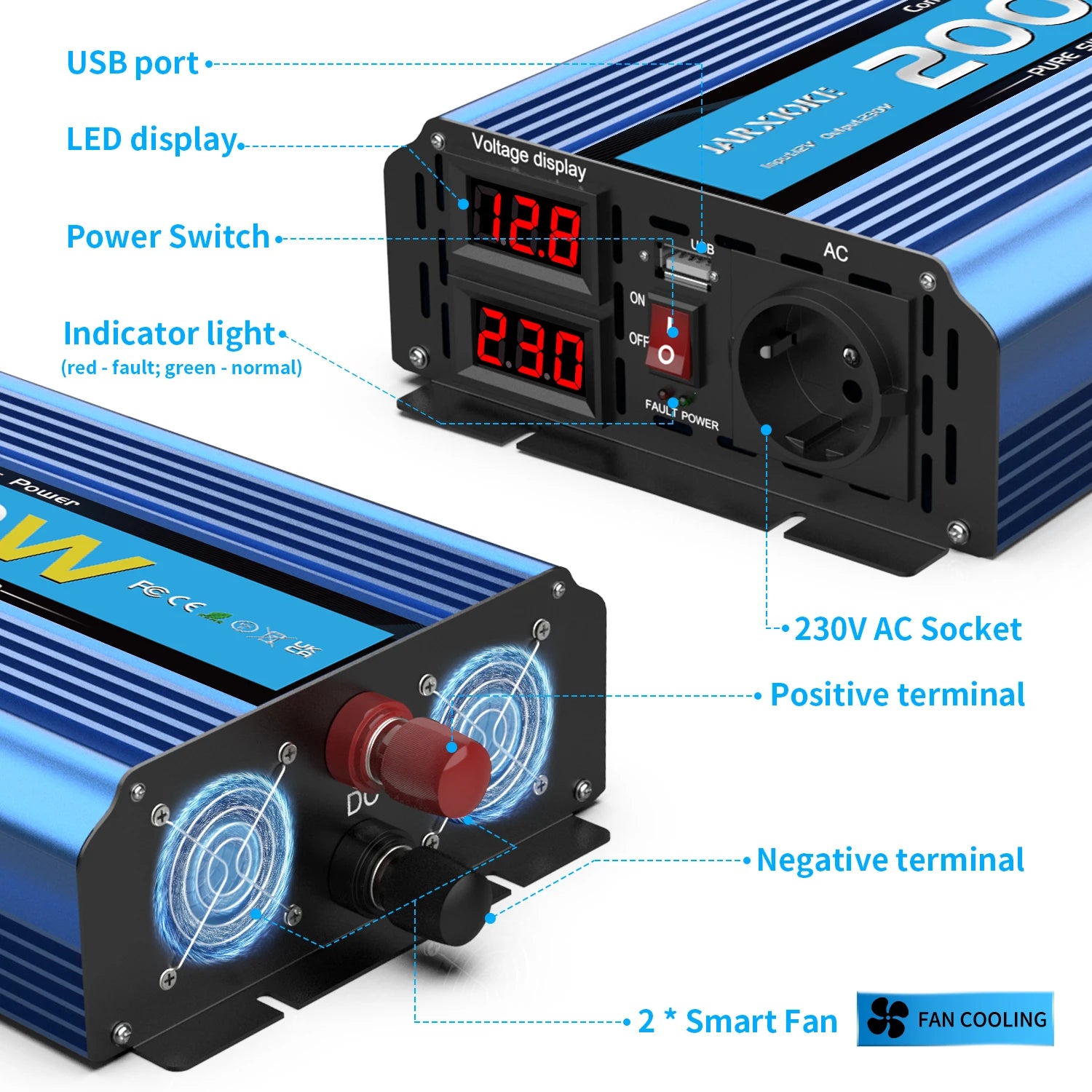 Solar inverter with pure sine wave output, voltage range, and various features like USB port and LED display.