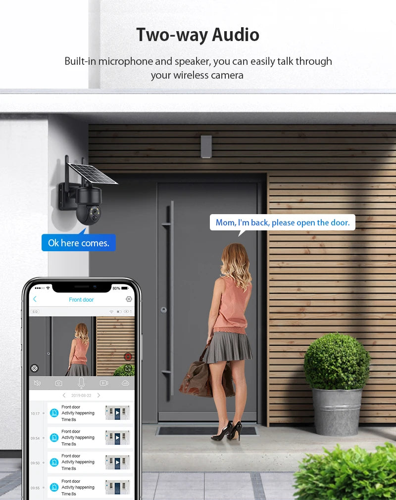 WIFI Wireless PTZ Solar Camera, Two-way audio enables effortless communication with the camera's built-in mic and speaker.
