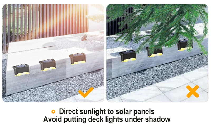 Solar Deck Light, Place solar-powered lights in direct sunlight for maximum energy absorption; avoid shading with obstructions.