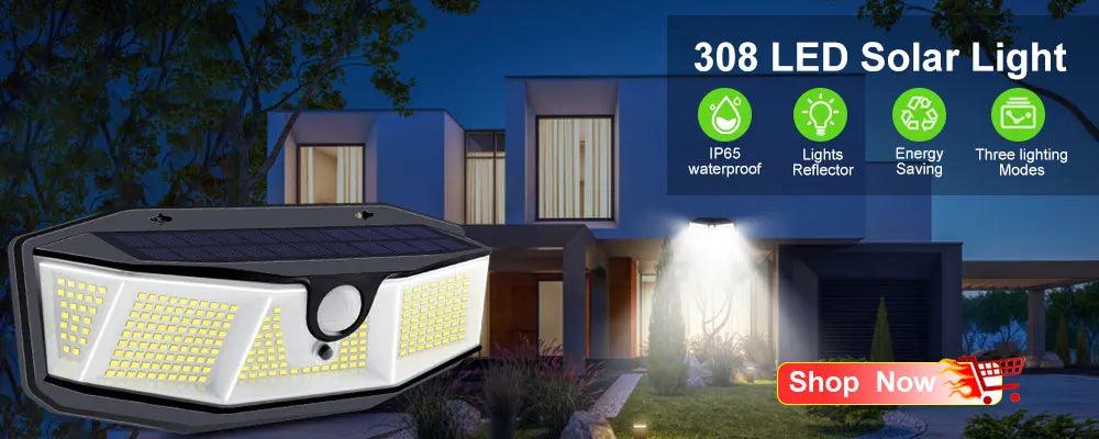 Solar-powered lamp with 308 LEDs, waterproof, and adjustable lighting modes for outdoor spaces.