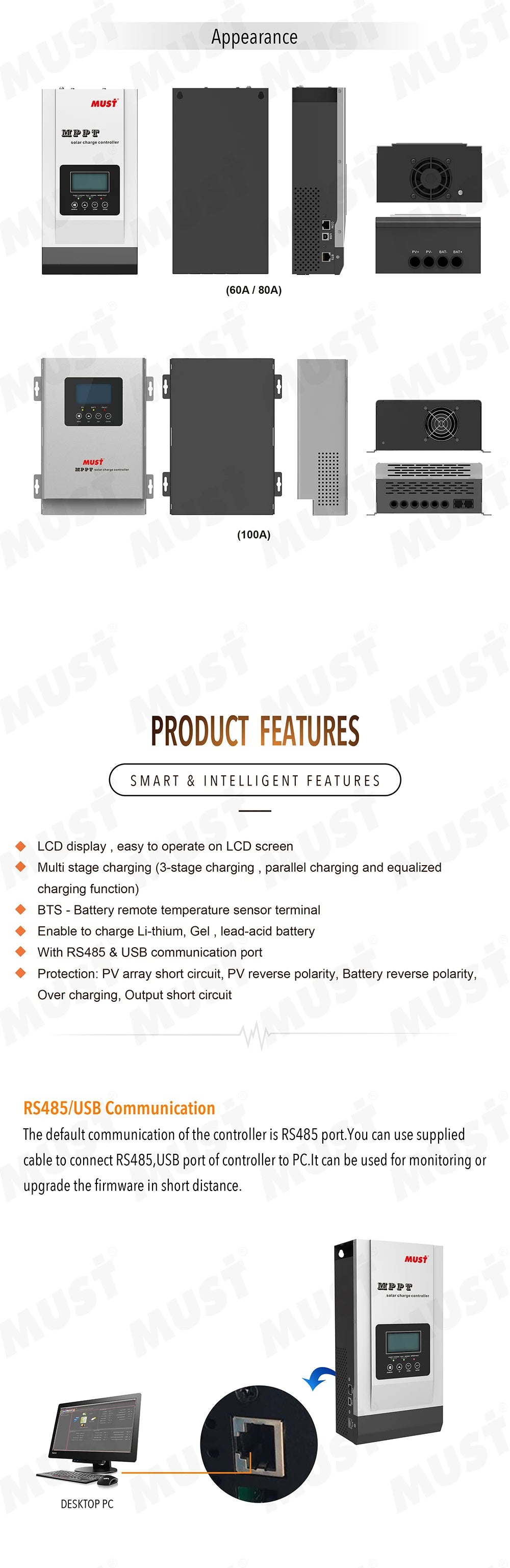 60A 80A 100A MUST MPPT Solar Charge Controller, MUST MPPT Solar Charge Controller 12V 24
