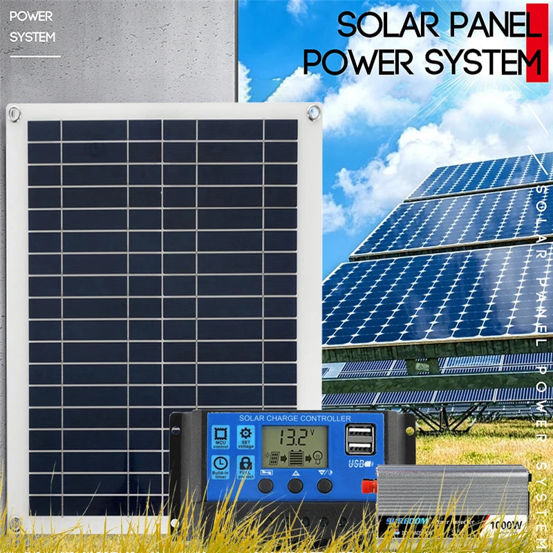 12V/24V Solar Panel, Complete solar power system with 18V 50W panel, charge controller, and 800W/1000W inverter kit.