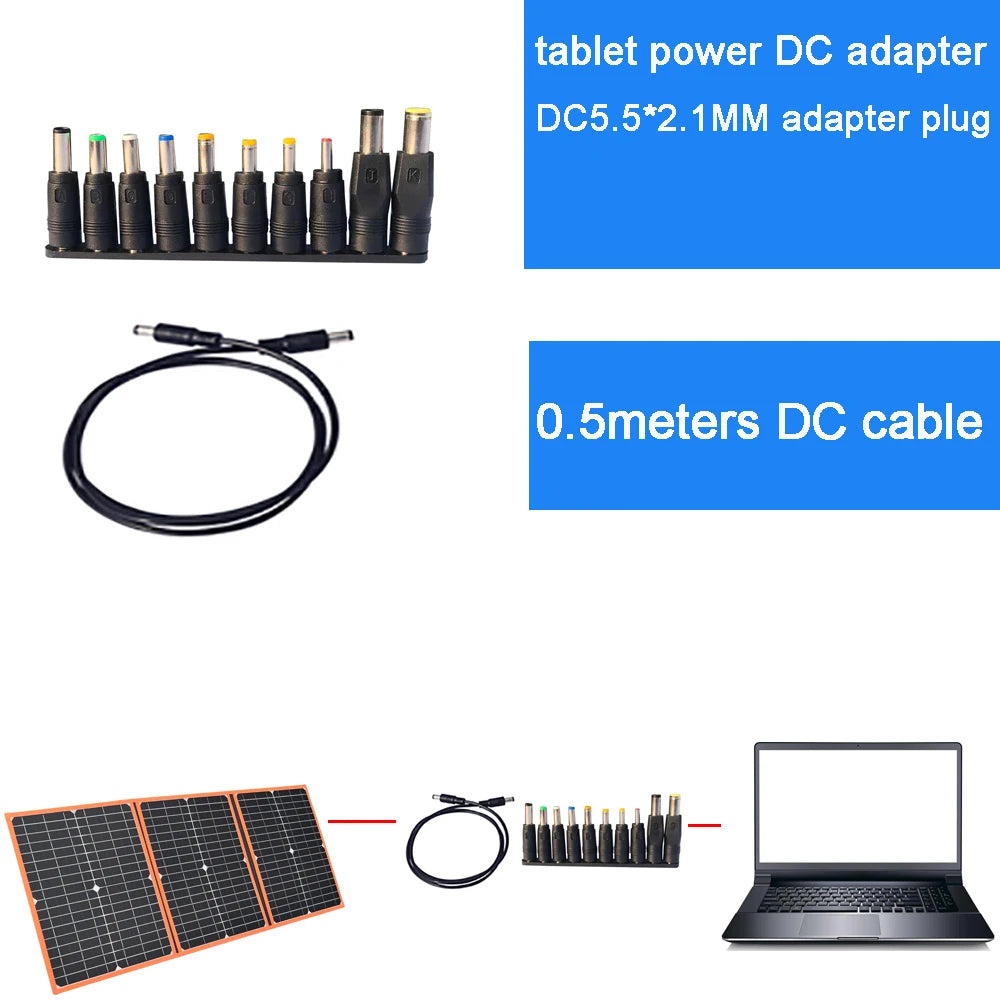 100W 80W 60W 40W Foldable Solar Panel, Universal DC adapter with 5.5mm x 2.1mm plug for tablets and devices.