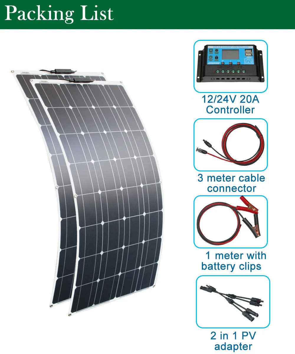 300w solar panel, Solar kit with controller, cable, connectors, clips, and dual charger adapter for easy setup and recharging.