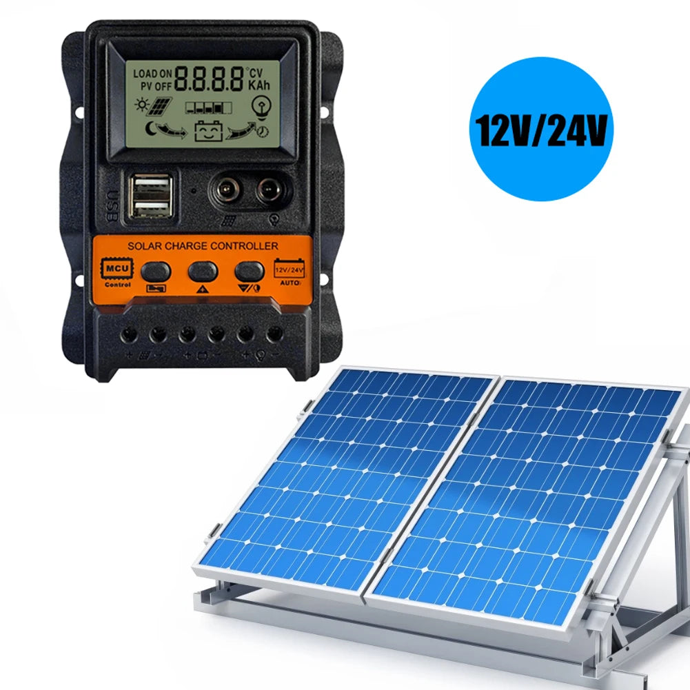 LCD Solar Charge Controller, Solar charge controller with power-off memory, discharge display, and battery monitoring for 12V/24V systems up to 70Ah capacity.